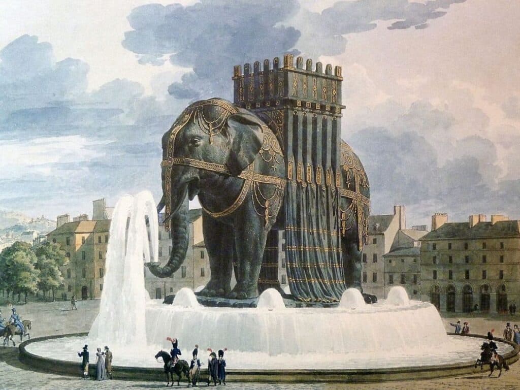 A whimsical 19th-century concept painting of a grand elephant-shaped fountain, meant to replace the demolished Bastille. Though unrelated to the prison itself, it marks how the legacy of what happened inside the Bastille lived on in urban design.