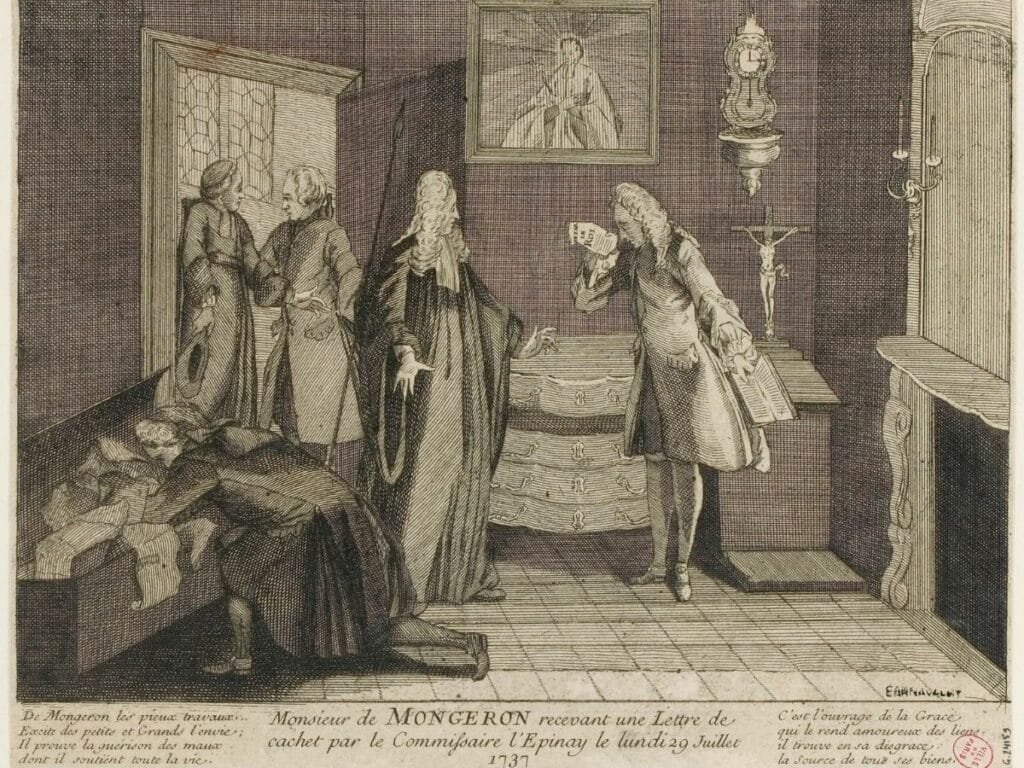 A somber engraving showing Monsieur de Mongeron receiving a lettre de cachet, which could seal someone’s fate to imprisonment inside the Bastille without trial. The scene underscores the arbitrary nature of who ended up inside.