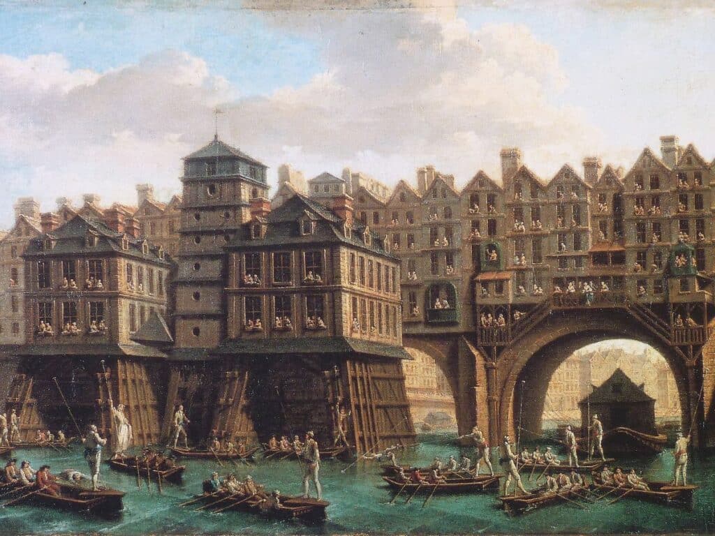 Historical painting of a bustling bridge in Paris featuring homes and shops built atop its arches, with people in boats navigating the river below. It illustrates how bridges in Paris once served as hubs of city life.