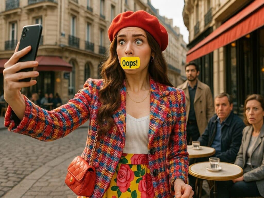 A woman in a bright, colorful outfit with a red beret takes a shocked selfie on a Paris street, covering her mouth with a yellow "Oops!" sticker—onlookers at a café stare in confusion, highlighting a classic French faux pas moment.