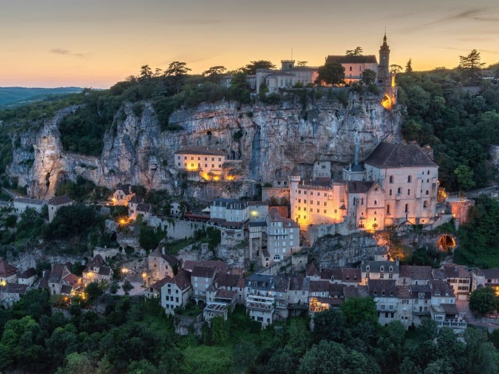Aerial view of Rocamadour in France at night