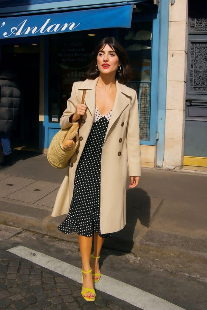 A stylish woman exits a bakery in Paris wearing a beige trench coat over a black-and-white polka dot dress, accessorized with a basket tote and fresh baguette. Her look captures the essence of understated Parisian fashion, avoiding logos and athletic wear that scream “tourist.”