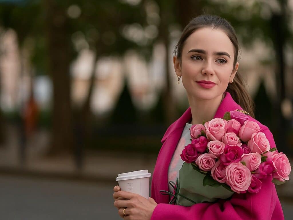A stylish woman in a hot pink coat holds a coffee cup and a bouquet of pink roses, smiling sweetly—possibly unaware that pink flowers can carry romantic or funeral connotations in France, a subtle French faux pas.