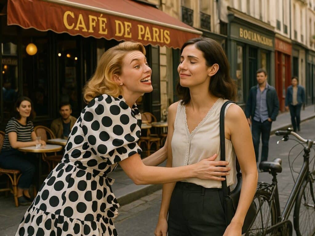 A cheerful woman in a black-and-white polka dot dress enthusiastically greets another woman on a Paris street outside a café, illustrating an overly familiar greeting—an awkward French faux pas in body language and personal space.