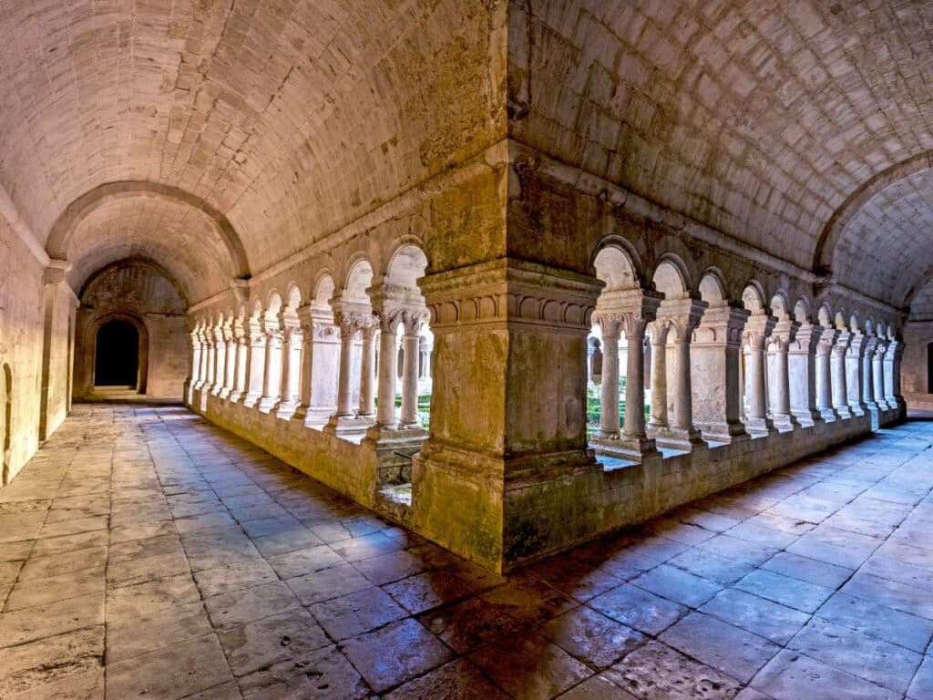 A vaulted Romanesque cloister corridor with symmetrical columns and soft natural light, inside Fontenay Abbey—one of the oldest and best-preserved Cistercian abbeys in France.