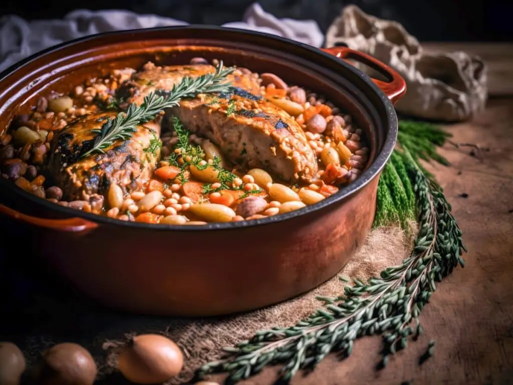 A vibrant cassoulet garnished with fresh rosemary and thyme, showcasing white beans, sausage, and vegetables simmered in a rich broth inside a red casserole pot.