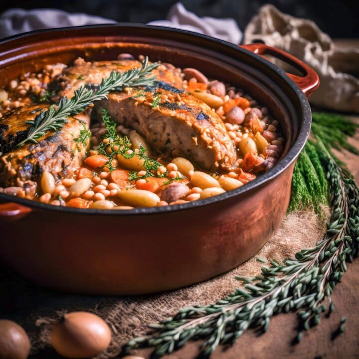 A vibrant cassoulet garnished with fresh rosemary and thyme, showcasing white beans, sausage, and vegetables simmered in a rich broth inside a red casserole pot.