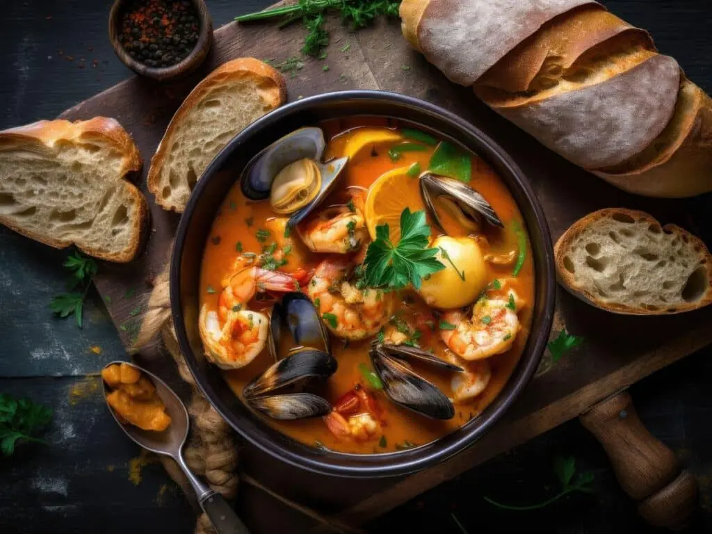 A rustic bowl of bouillabaisse topped with shrimp, mussels, and herbs in a vibrant tomato-based broth, surrounded by slices of baguette and fresh parsley on a wooden board.