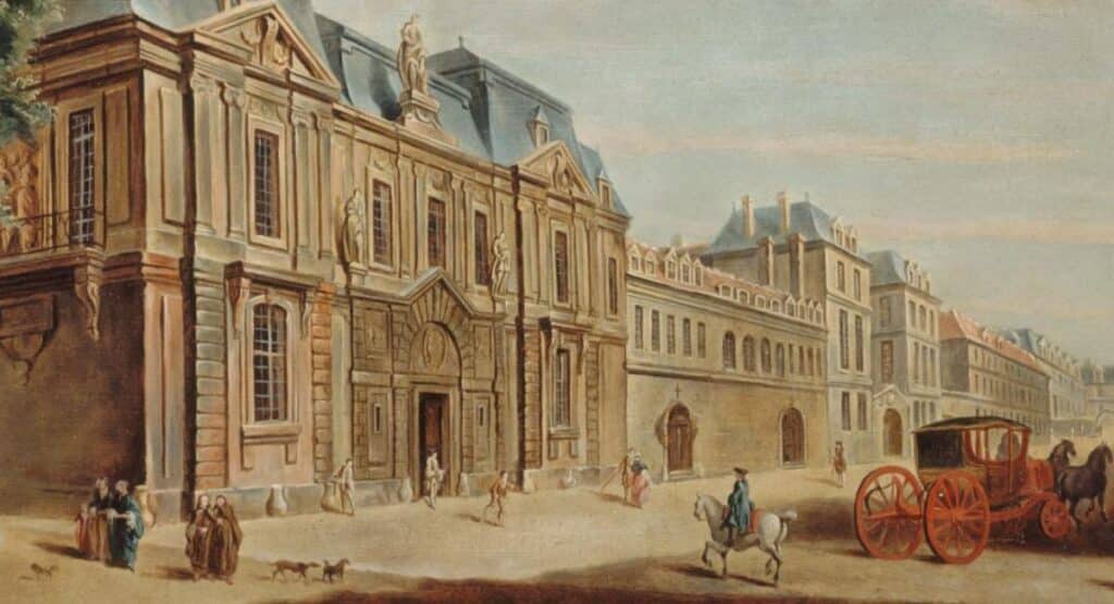 Historical painting of the Musée Carnavalet and its surroundings, showing 18th-century Parisian street life with horse-drawn carriages, pedestrians, and the detailed facade of the museum building.